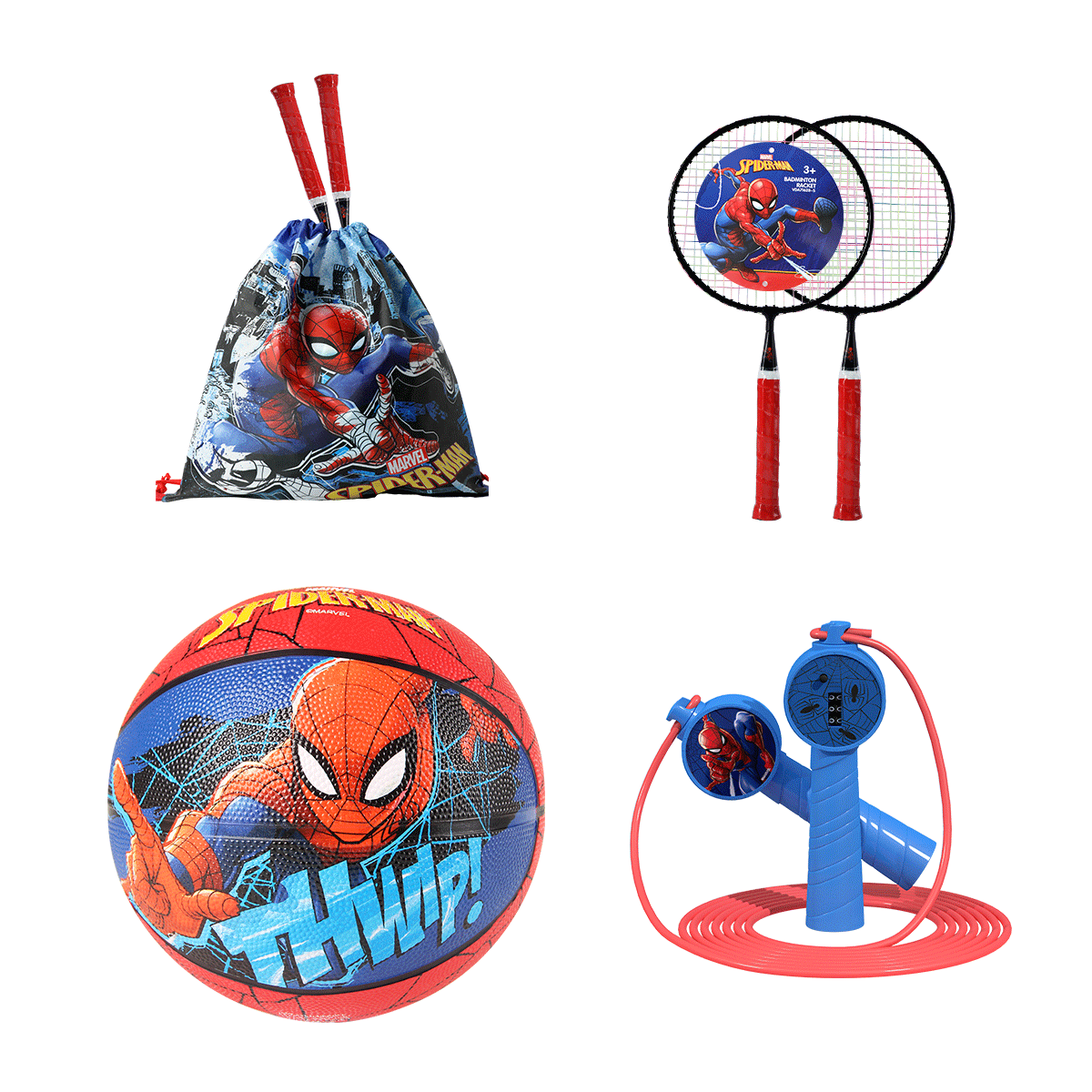 Marvel Sport combo set Basketball Children round badminton racket jump rope with gym bag ball bag