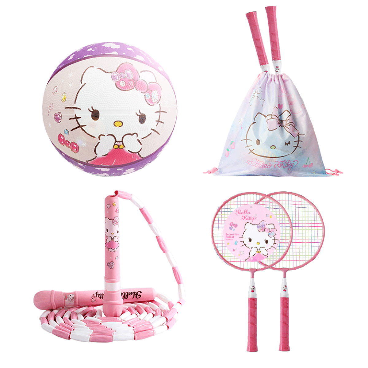 Hello Kitty Sport combo set Basketball Children round badminton racket jump rope with gym bag ball bag